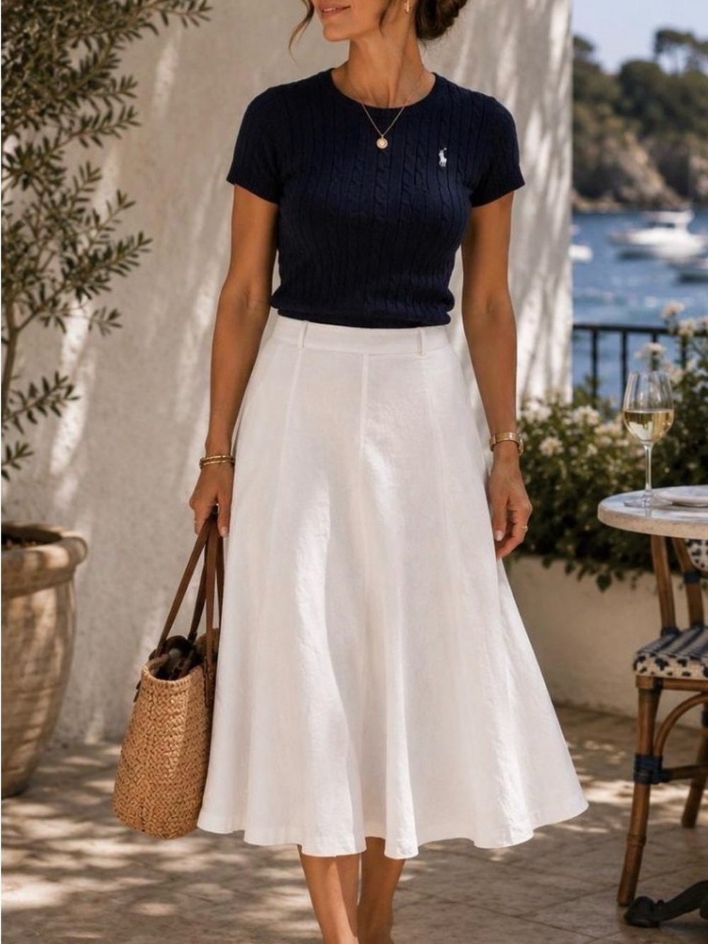 Lauren Ralph Lauren Navy Knit Top with White A-Line Skirt